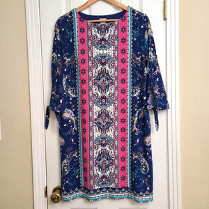 Chicos 2P Blue Pink Paisley Floral 3/4 Tie Sleeve Lined Boho Dress US Size 12P